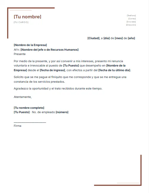 Carta de Renuncia Voluntaria: diseño Escuadras