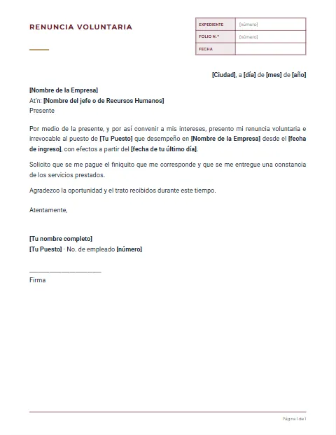 Carta de Renuncia Voluntaria: diseño Expediente