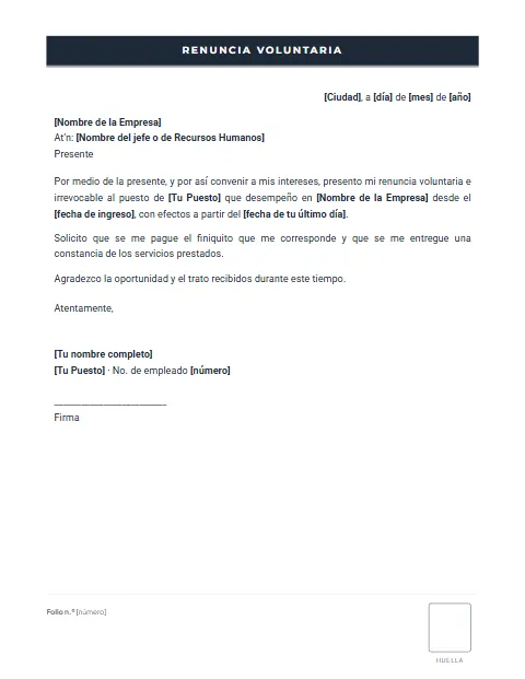 Carta de Renuncia Voluntaria: diseño Formato con huella