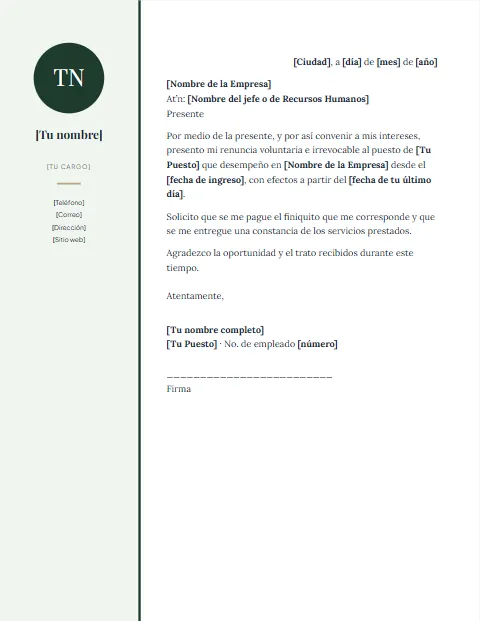 Carta de Renuncia Voluntaria: diseño Lateral