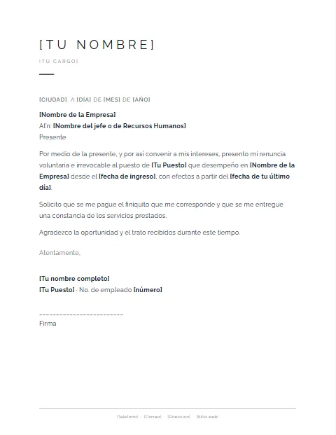 Carta de Renuncia Voluntaria: diseño Minimalista