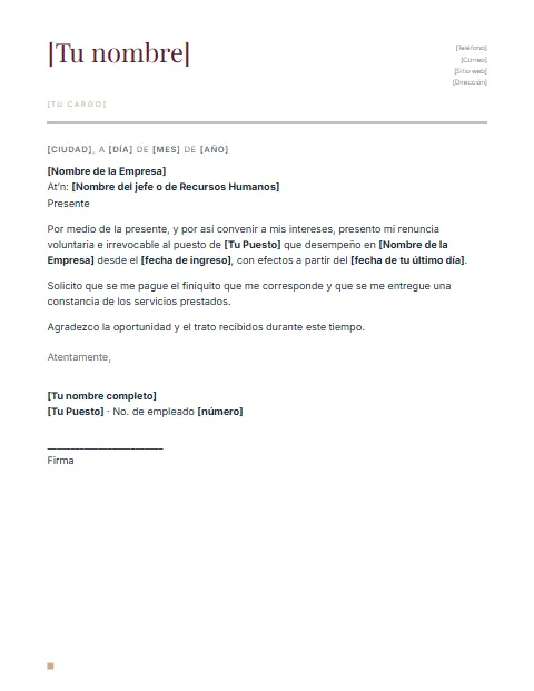 Carta de Renuncia Voluntaria: diseño Nombre grande