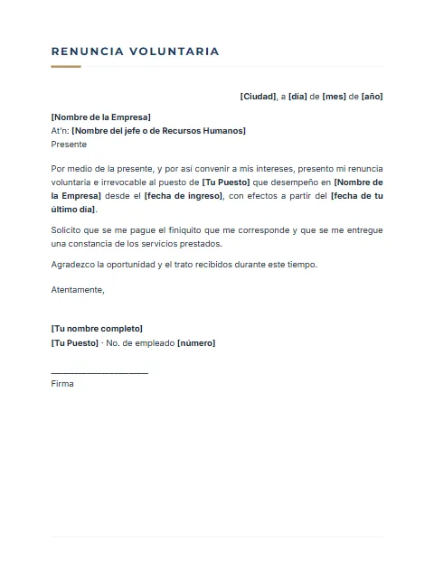 Carta de Renuncia Voluntaria: diseño Sobrio