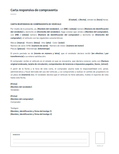Carta Responsiva de Compraventa: diseño Con anexos