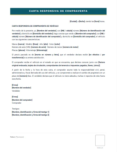 Carta Responsiva de Compraventa: diseño Formato con huella