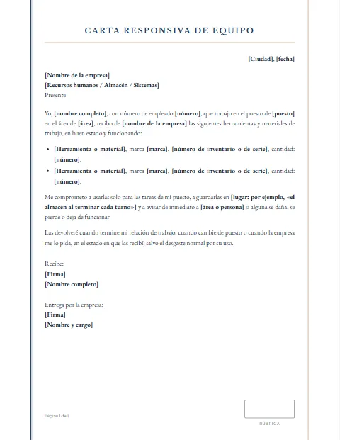 Carta Responsiva de Equipo de Trabajo: diseño Acta