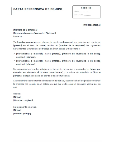 Carta Responsiva de Equipo de Trabajo: diseño Con acuse