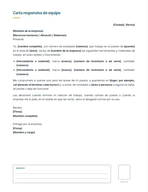 Carta Responsiva de Equipo de Trabajo: diseño Con anexos