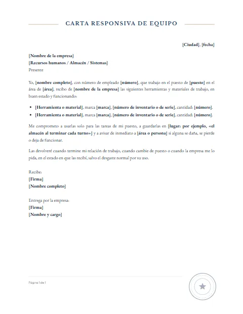 Carta Responsiva de Equipo de Trabajo: diseño Con sello