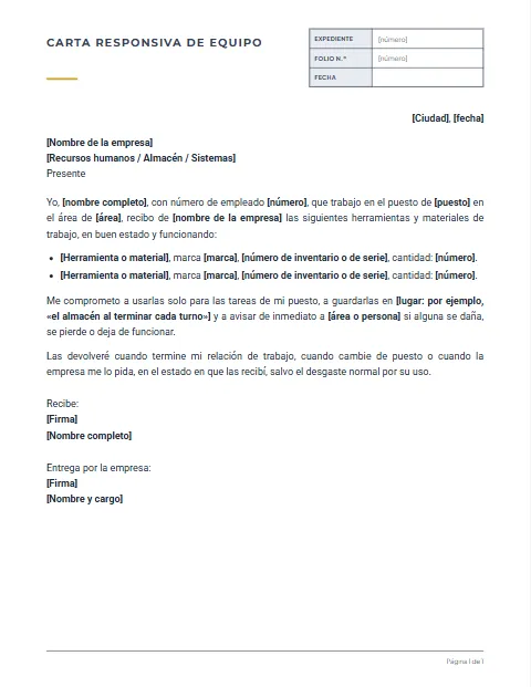Formato de carta responsiva de equipo de trabajo para descargar en Word