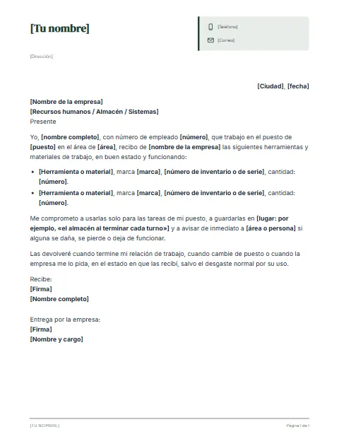 Carta Responsiva de Equipo de Trabajo: diseño Ficha de datos