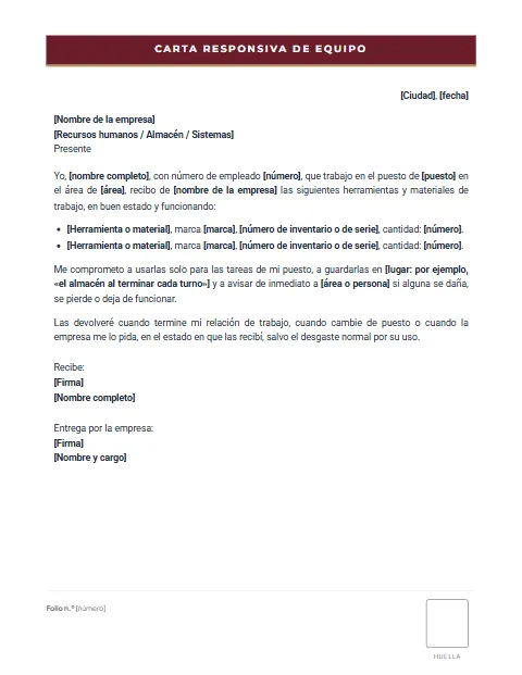 Carta Responsiva de Equipo de Trabajo: diseño Formato con huella