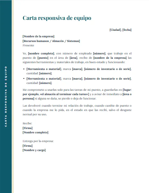 Carta Responsiva de Equipo de Trabajo: diseño Margen