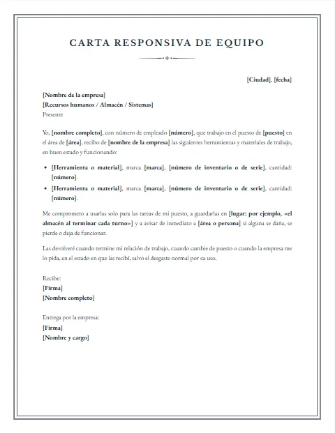 Carta Responsiva de Equipo de Trabajo: diseño Notarial