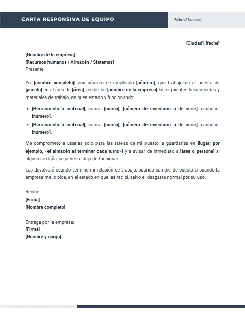 Carta Responsiva de Equipo de Trabajo: diseño Encabezado partido