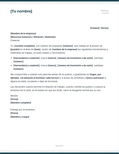 Carta Responsiva de Equipo de Trabajo: diseño Rayas