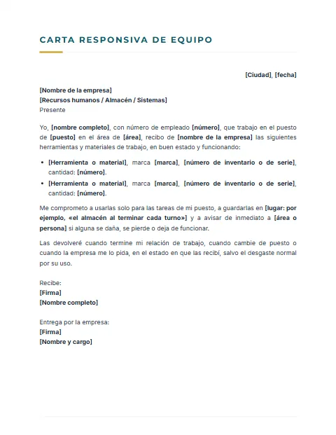 Carta Responsiva de Equipo de Trabajo: diseño Sobrio