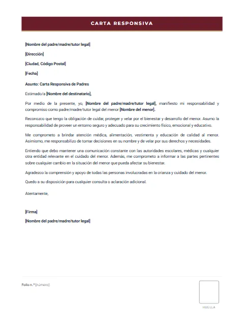 Formato de Carta Responsiva: diseño Formato con huella