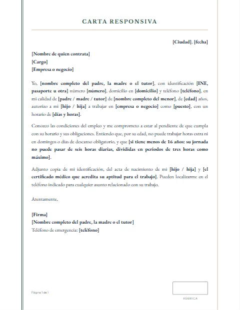 Carta Responsiva para mi Hijo: diseño Acta