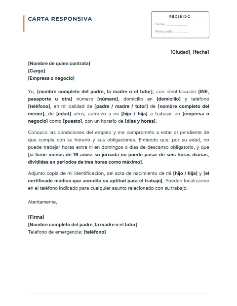 Carta Responsiva para mi Hijo: diseño Con acuse