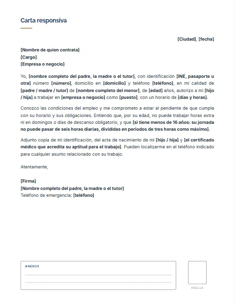 Carta Responsiva para mi Hijo: diseño Con anexos