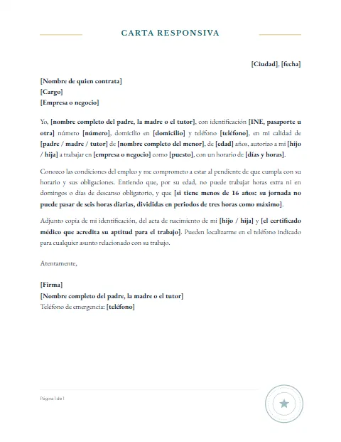 Carta Responsiva para mi Hijo: diseño Con sello