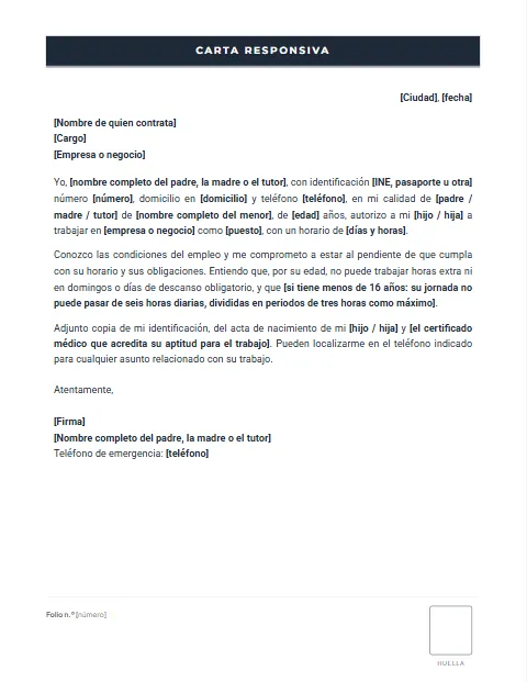 Formato de Carta responsiva para mi hijo para descargar en Word