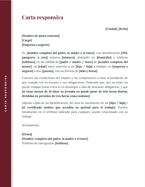 Carta Responsiva para mi Hijo: diseño Margen