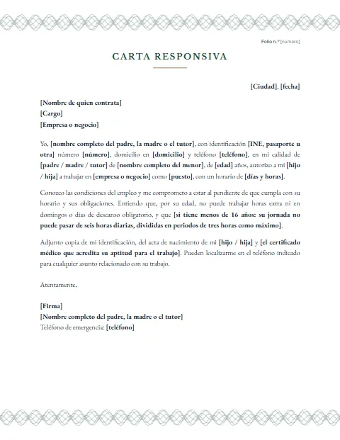 Carta Responsiva para mi Hijo: diseño Papel de seguridad
