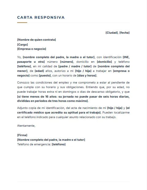 Carta Responsiva para mi Hijo: diseño Sobrio