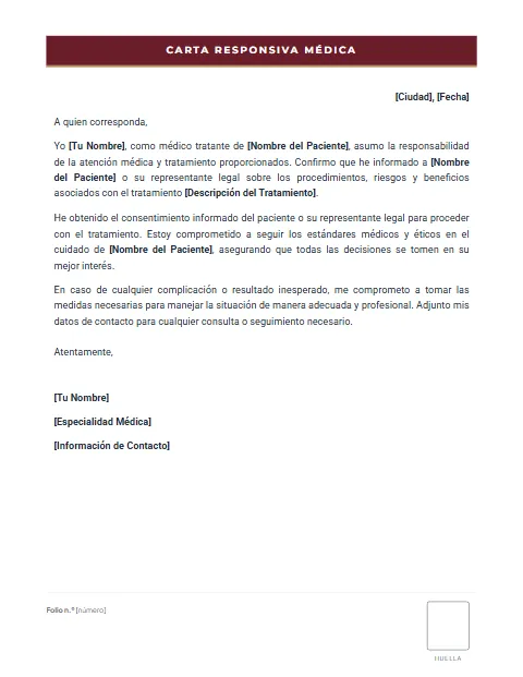 Carta Responsiva Médica: diseño Formato con huella