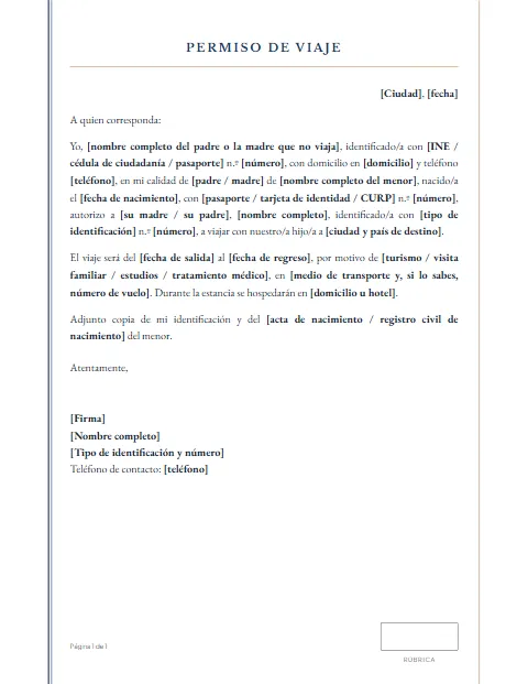 Carta de Permiso para Viajar: diseño Acta