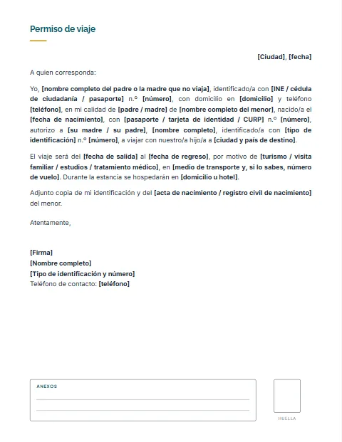 Formato de carta de permiso para viajar de un menor de edad