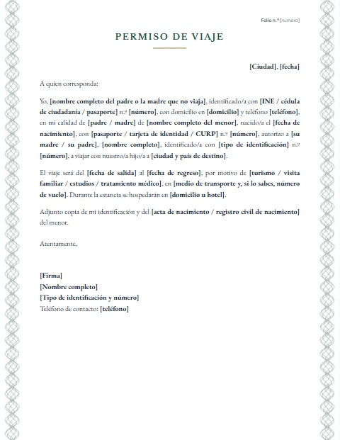 Carta de Permiso para Viajar: diseño Certificado