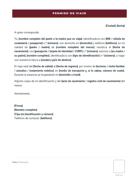 Carta de Permiso para Viajar: diseño Formato con huella