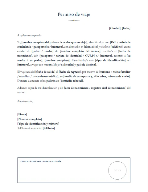 Carta de Permiso para Viajar: diseño Para notaría