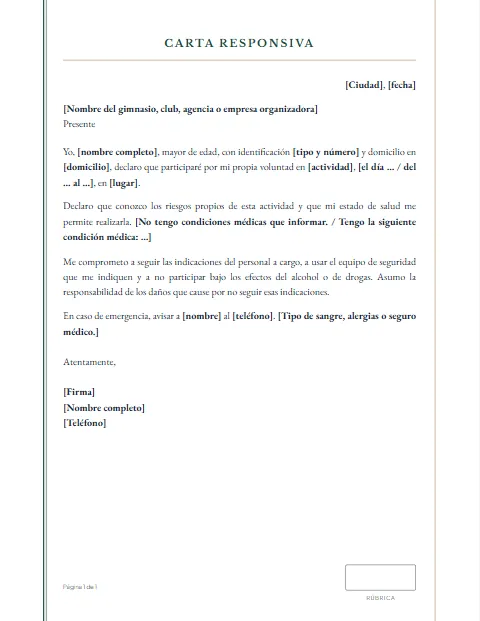 Formato de Carta responsiva Personal para descargar en Word
