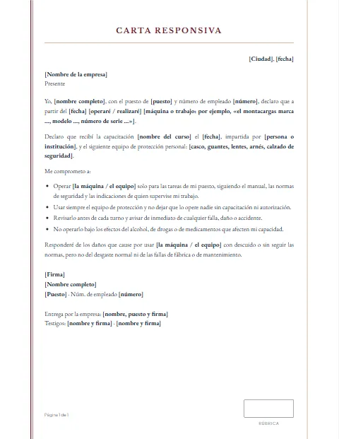 Carta Responsiva para Trabajar: diseño Acta