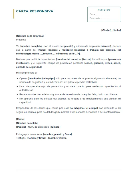 Carta Responsiva para Trabajar: diseño Con acuse