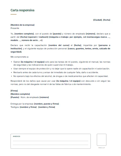 Carta Responsiva para Trabajar: diseño Con anexos