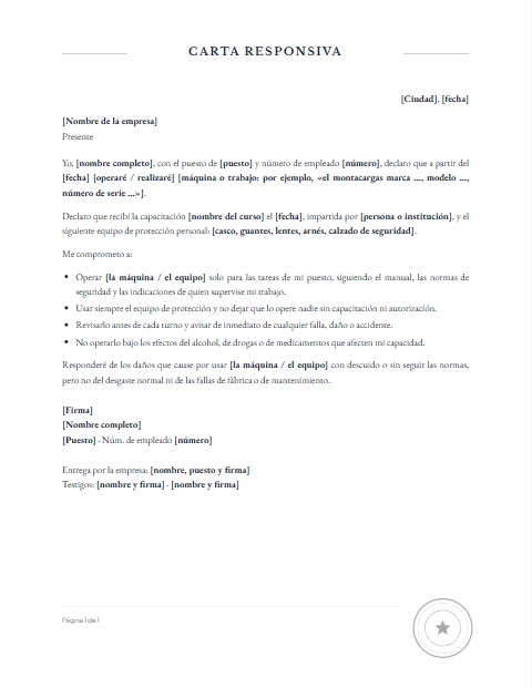 Formato de carta responsiva para trabajar para descargar en Word