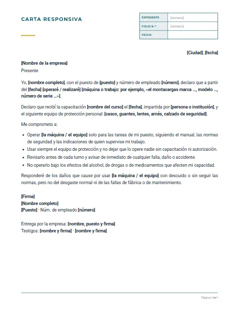 Carta Responsiva para Trabajar: diseño Expediente
