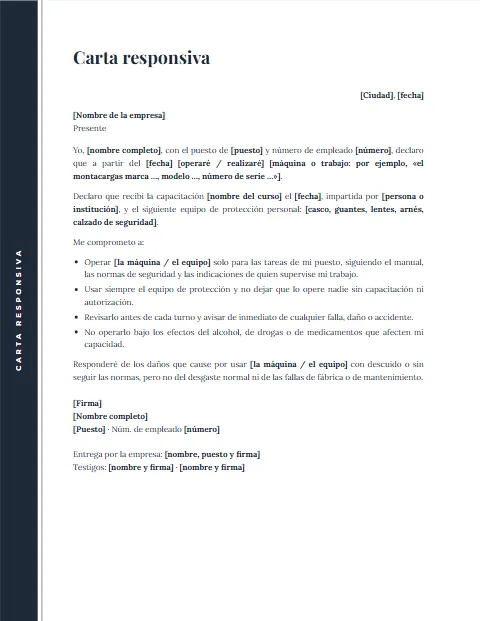 Carta Responsiva para Trabajar: diseño Margen