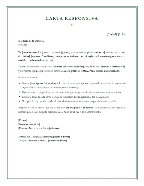 Carta Responsiva para Trabajar: diseño Notarial