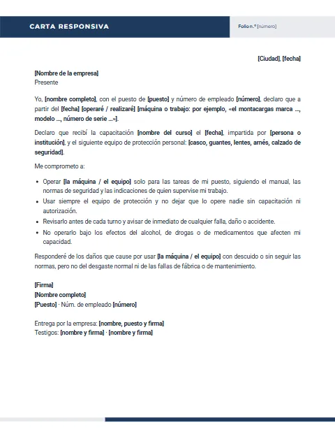 Carta Responsiva para Trabajar: diseño Encabezado partido
