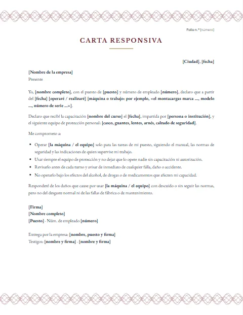 Carta Responsiva para Trabajar: diseño Papel de seguridad