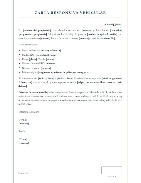 Carta Responsiva Vehicular: diseño Acta