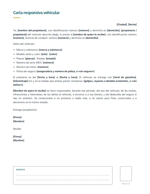 Carta Responsiva Vehicular: diseño Con anexos