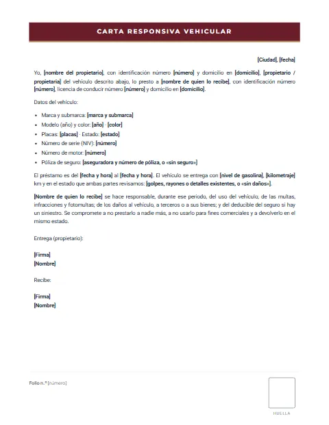 Carta Responsiva Vehicular: diseño Formato con huella