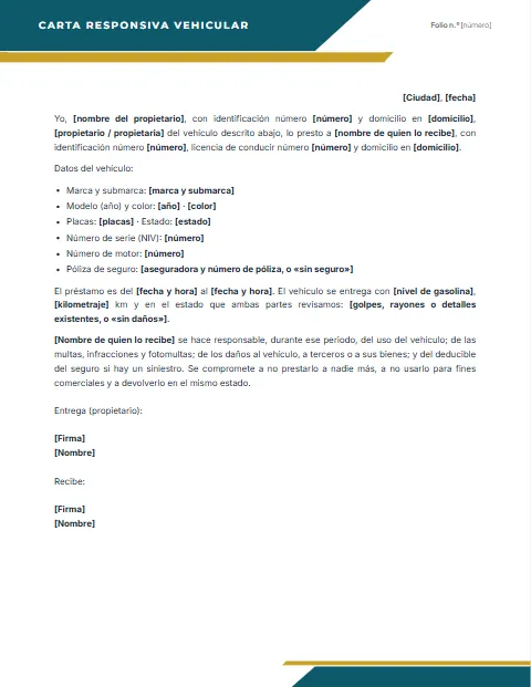 Carta responsiva de auto o vehicular para descargar en Word